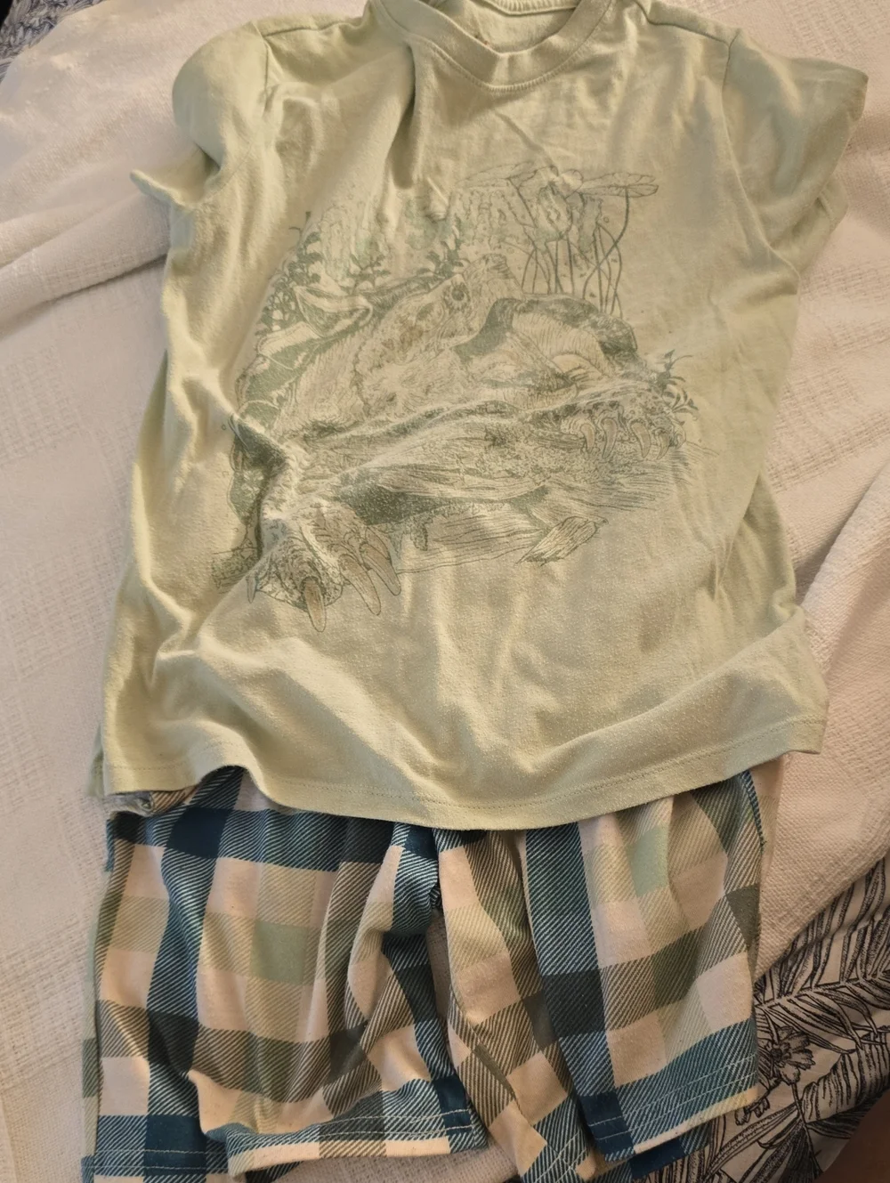Cat & Jack Light Green Dino Pajama Set with Plaid Shorts